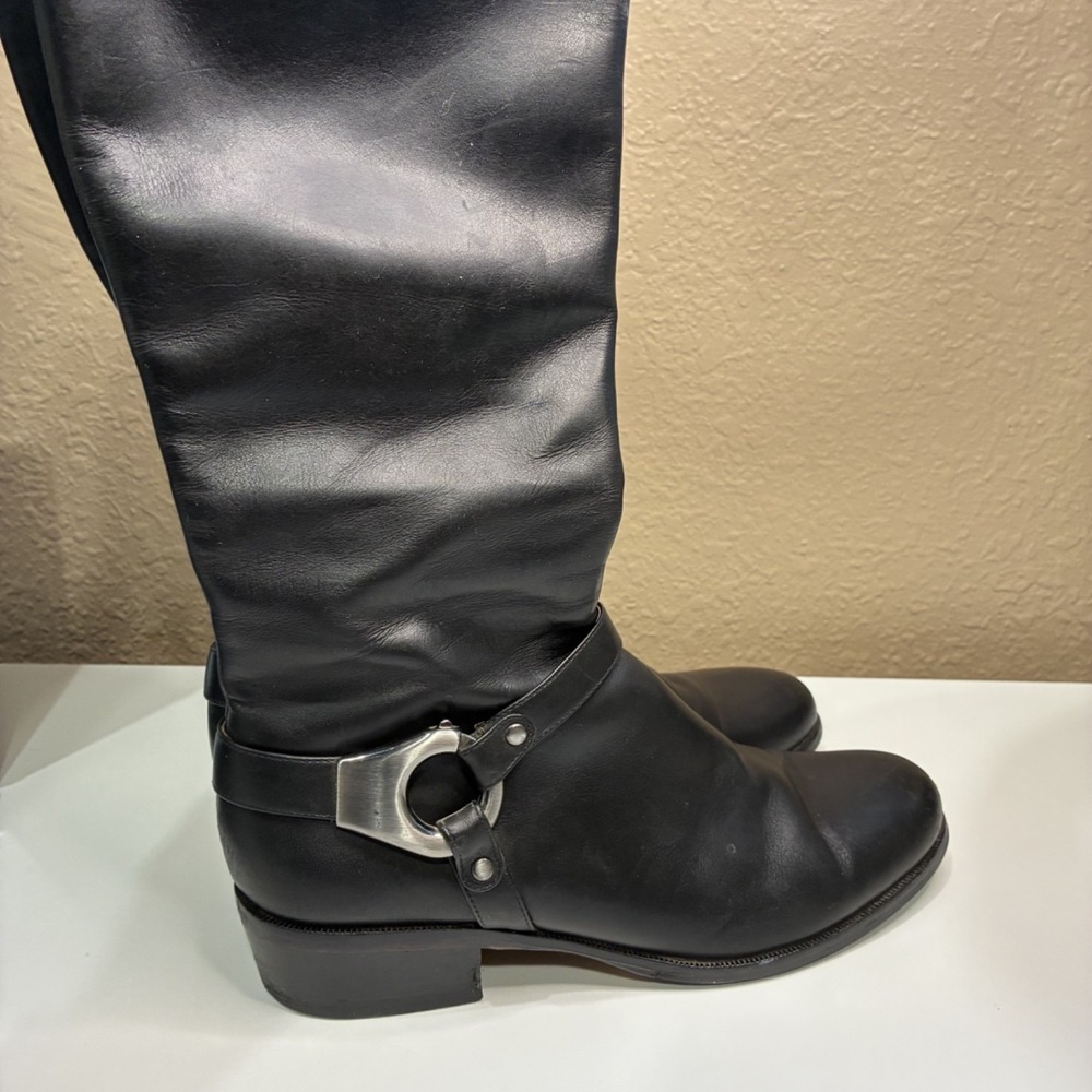 Via Spiga Black Leather Boot Silver Harness Buckle Knee High with Zipper Size 8 - Picture 15 of 16